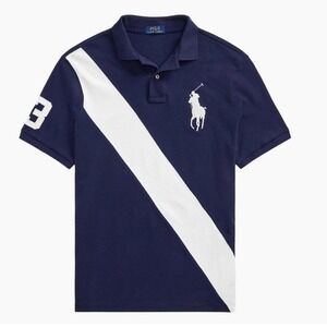 Polo Ralph Lauren Mens XLT Navy Blue White Stripe Big Pony‎ Mesh Polo  NWT
